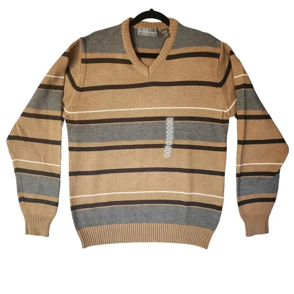 Oscar De La Renta Sweater Men's Large Brown/Gray Striped Jumper V-Neck - Picture 1 of 9